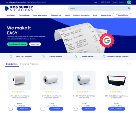The redesigned POS Supply Solutions storefront homepage